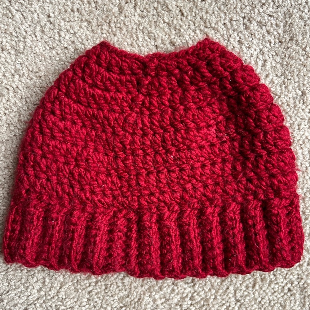 Red Handmade Beanine - Messy Bun Beanie - Picture 2 of 6